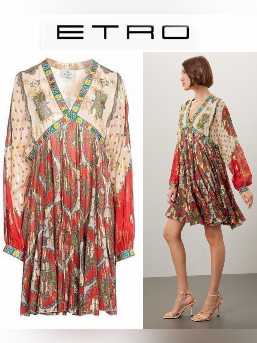 Etro Paisley Abito Irima Silk Georgette Long-Sleeve Mini Dress IT 44 US 6 $2990